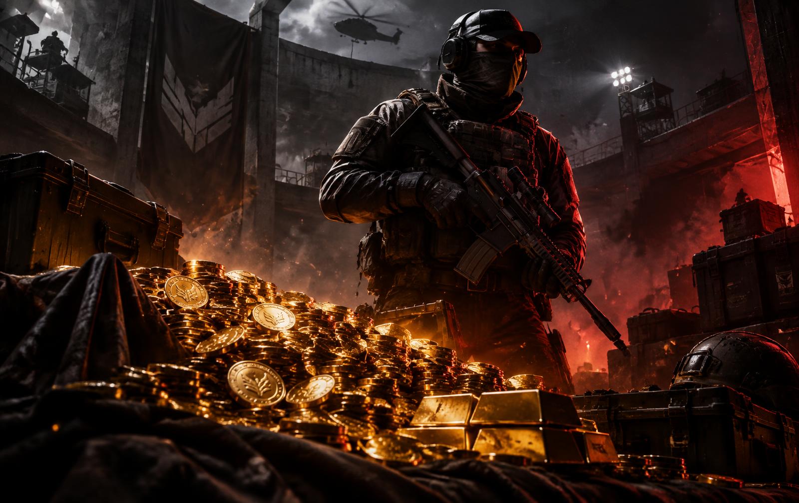 Боец Standoff 2 рядом с горой золотых монет
